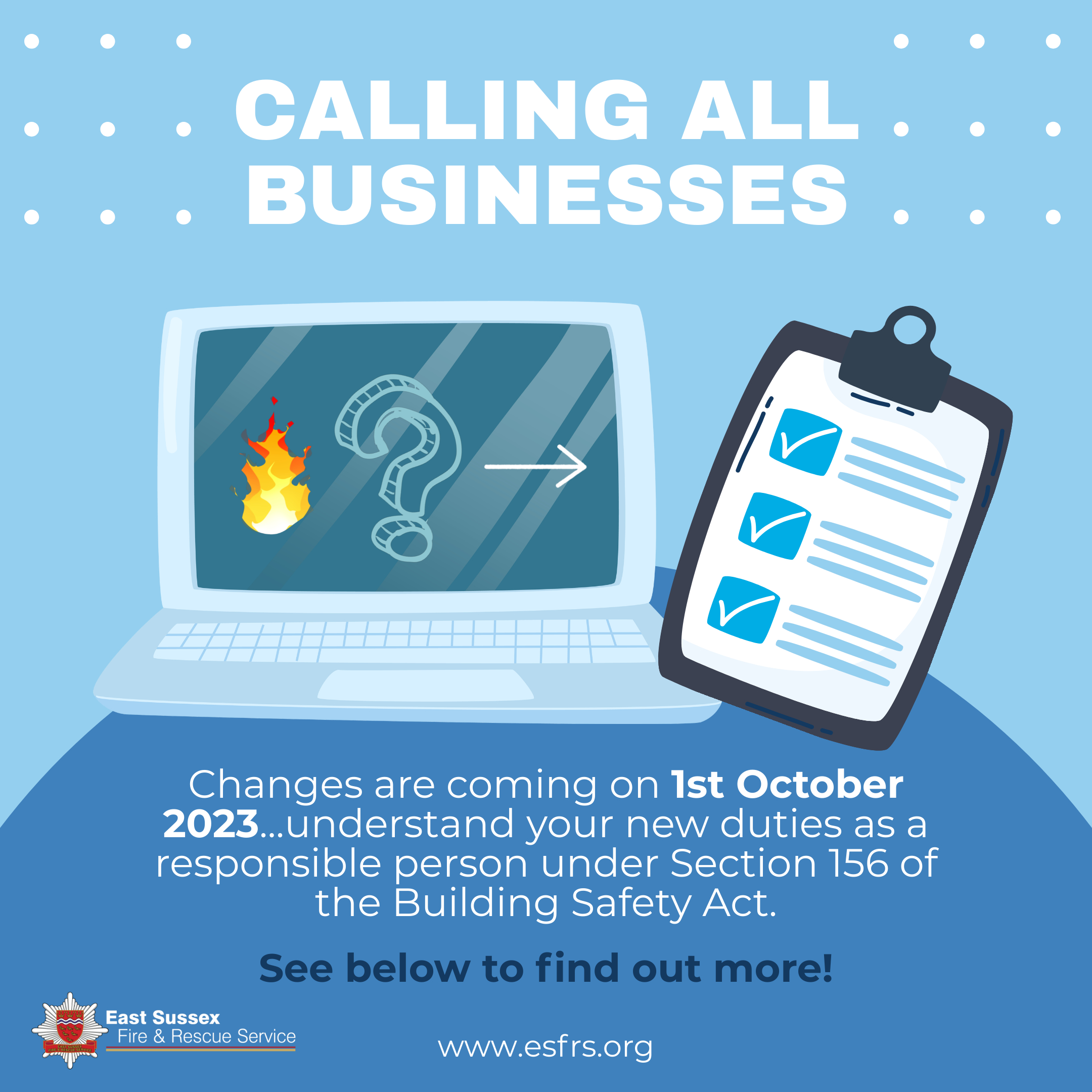 Calling all Businesses - laptop with fire and question mark on screen pointing to a clipboard with ticks on