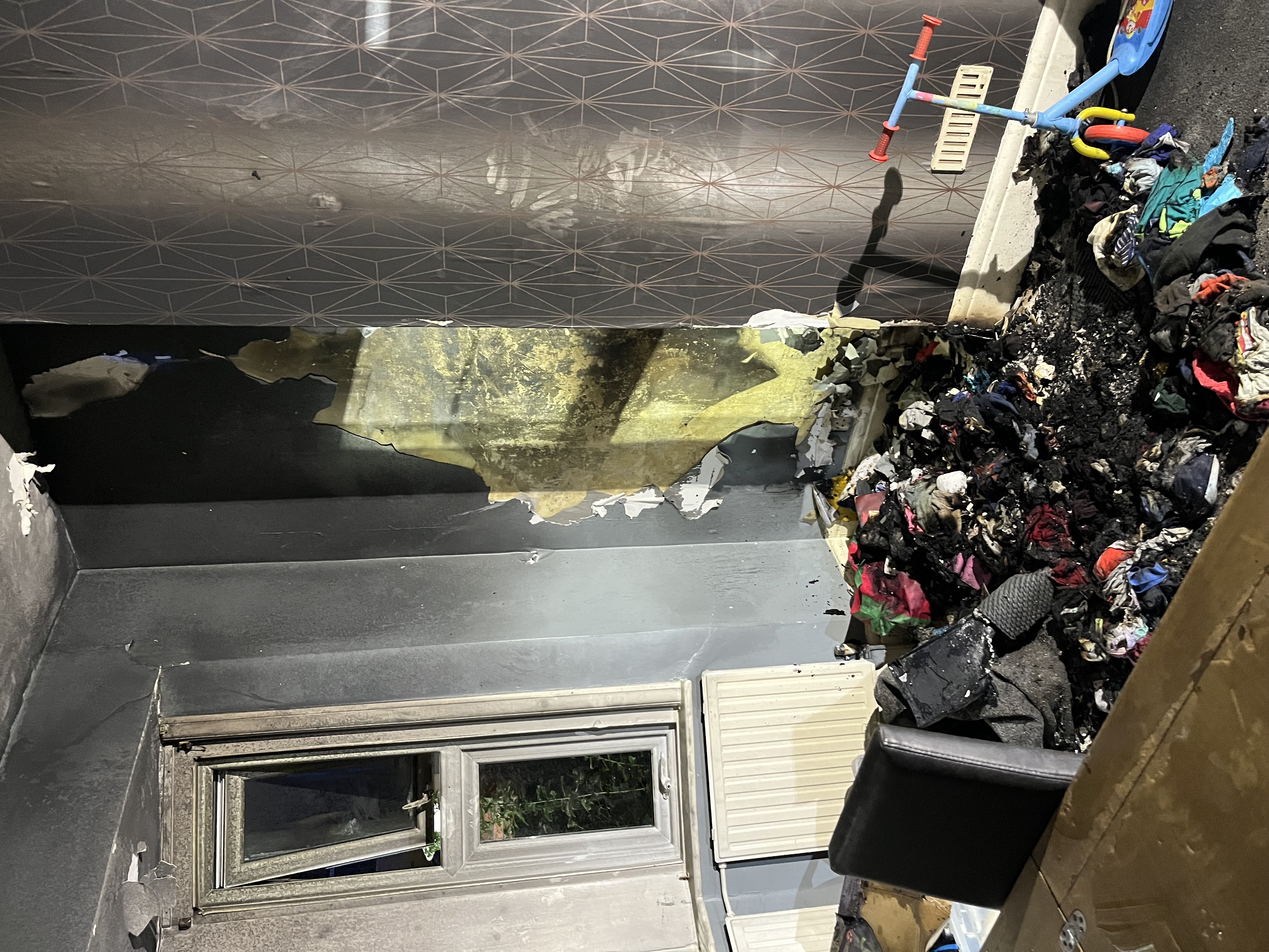 Damage in living room following house fire