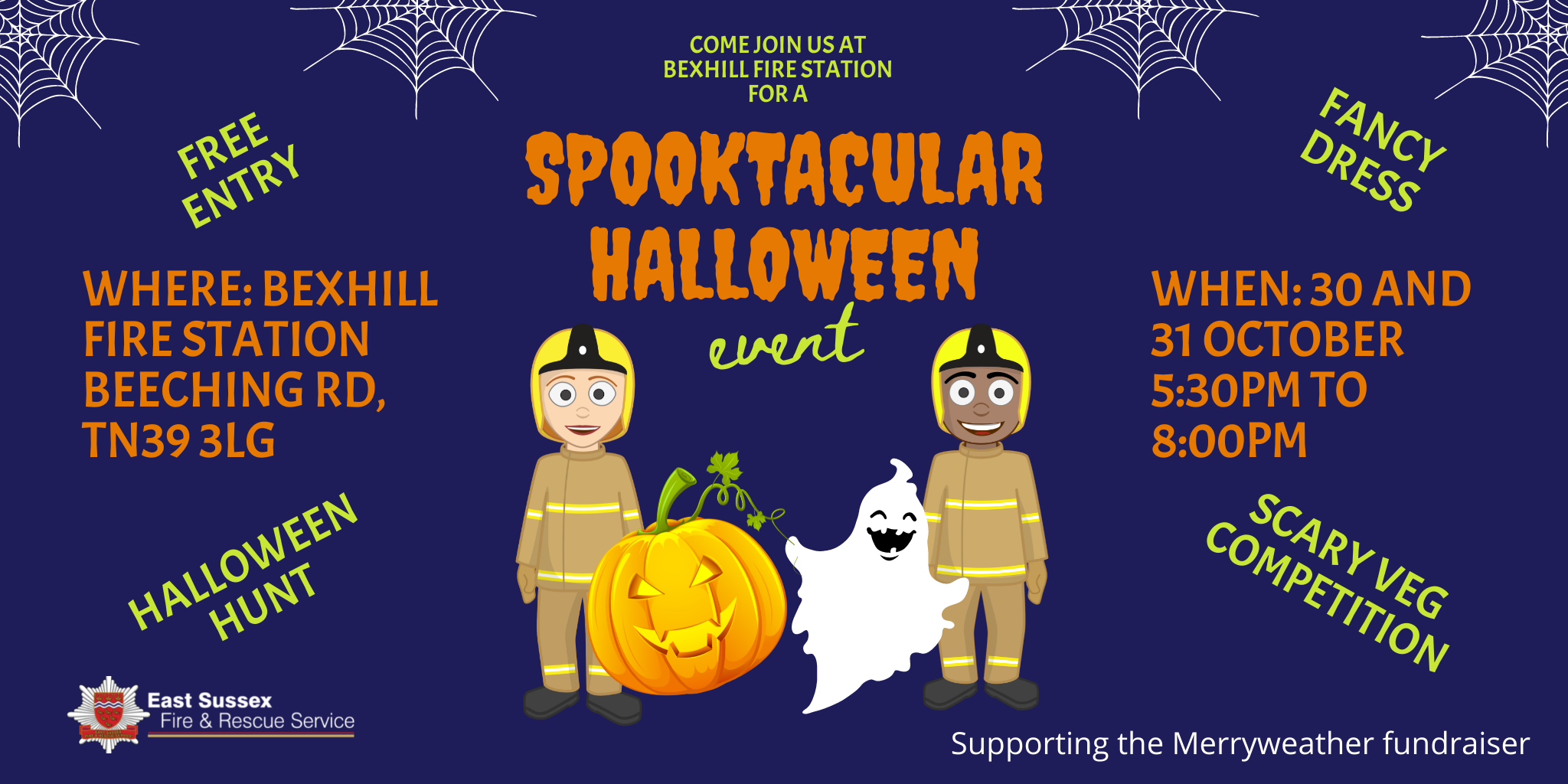 Purple banner with cartoon firefighters, pumpkin and ghost for Halloween event