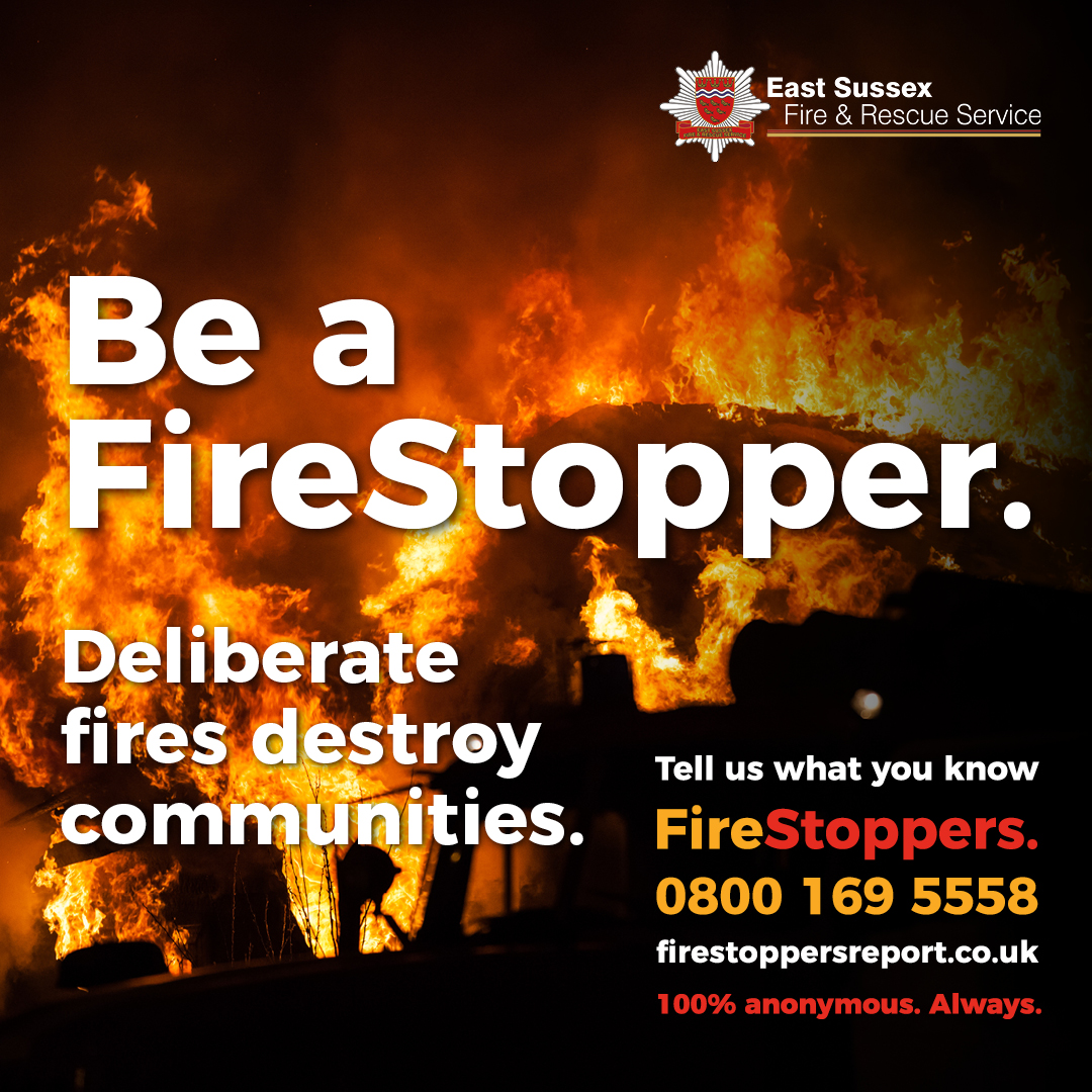 Fire image with Be a FireStopper wording on it and FireStoppers contact details. As well as line 'Deliberate fires destroy communities.'