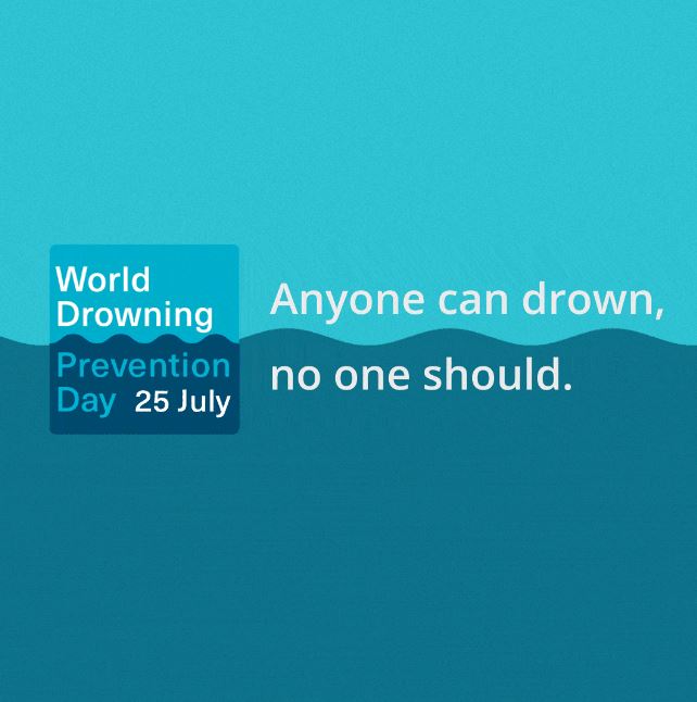 Blue logo split into light blue (sky) and dark blue (water) with World Drowning Prevention Day 25 July. Anyone can drown, no one should.