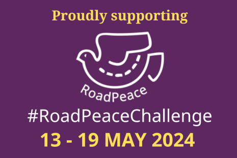 Purple logo with an icon of a bird and writing saying Proudly supporting (in yellow) RoadPeace #RoadPeaceChallenge (in white) and 13-19 May 2024 (in yellow).