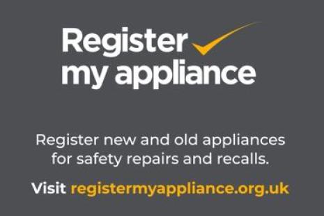 registermyappliance.org.uk on grey background with white and yellow writing