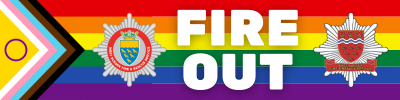 Fire Out network logo. Inclusive Progress Pride Rainbow flag with Fire Out and East and West Sussex FRS badges
