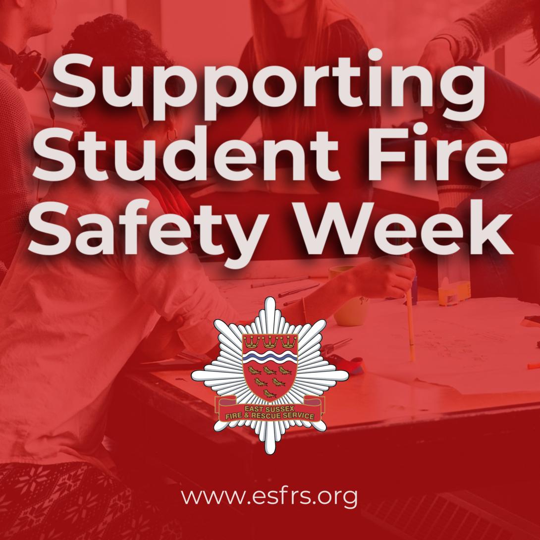 Transparent red image with Students behind. Supporting Student Fire safety Week in white writing and ESFRS crest underneath and website address www.esfrs.org
