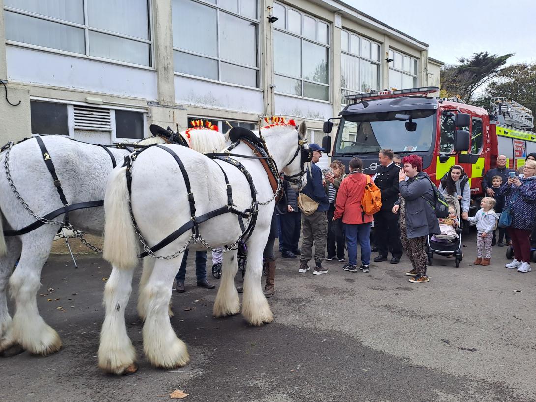 Horses and modern fire engine