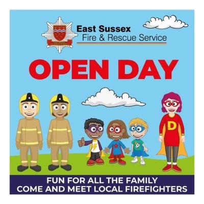 Blue square image with firefighter cartoon images standing on green grass and 3 x children and one adult in superhero costumes. In capital letters is the word OPEN DAY with East Sussex Fire and Rescue Service landscape logo above.